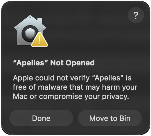 macOS dialog: “Apelles” Not Opened. Apple could not verify “Apelles” is free of malware that may harm your Mac or compromise your privacy. Buttons: Done, Move to Bin.